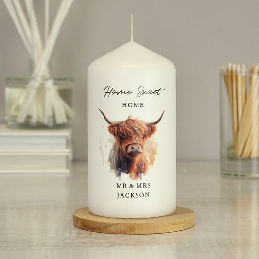 Personalised Highland Cow Pillar Candle