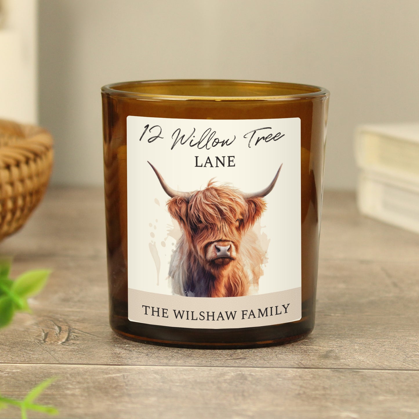 Personalised Highland Cow Amber Glass Candle