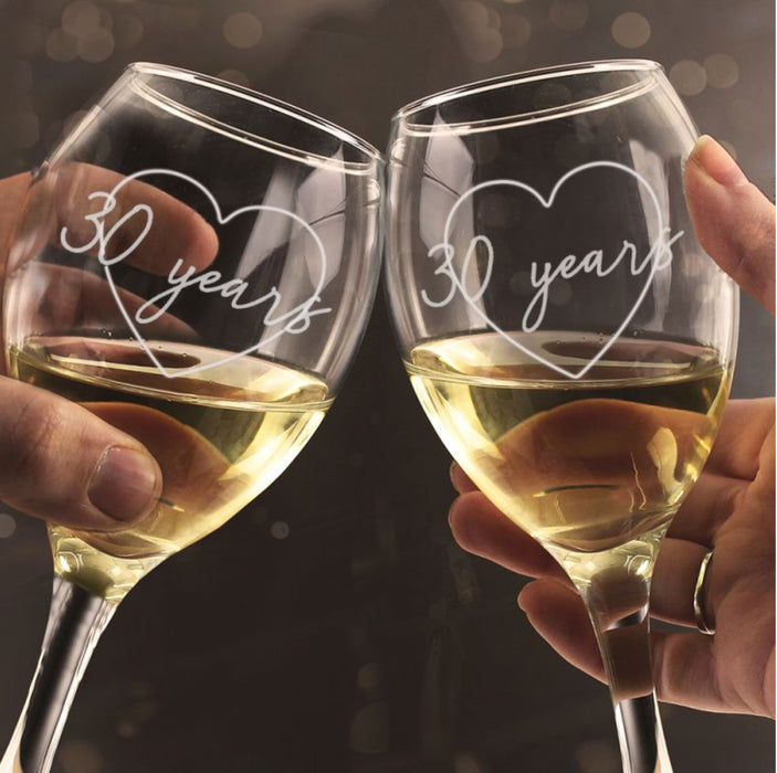 30th Anniversary Heart Wine Glasses Gift Boxed