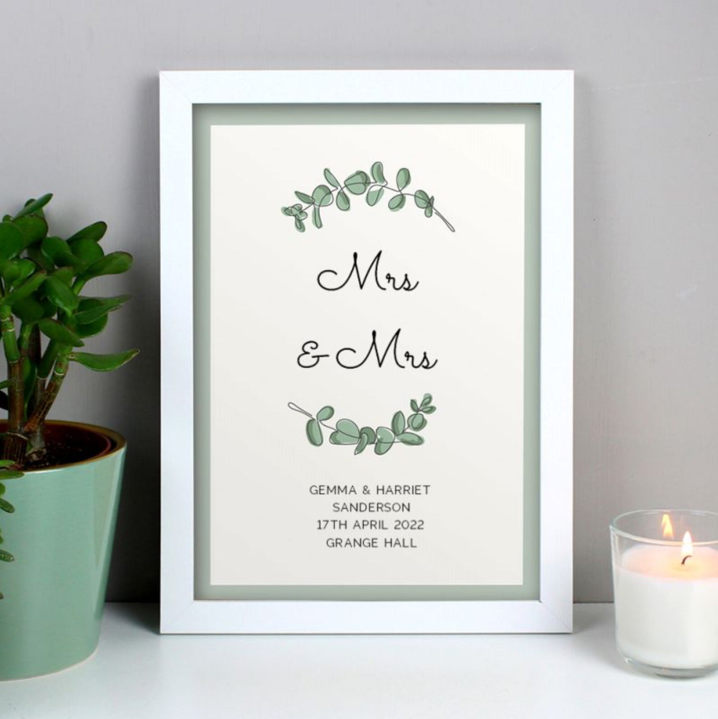 Personalised Botanical Mrs & Mrs A4 White Framed Wall Art