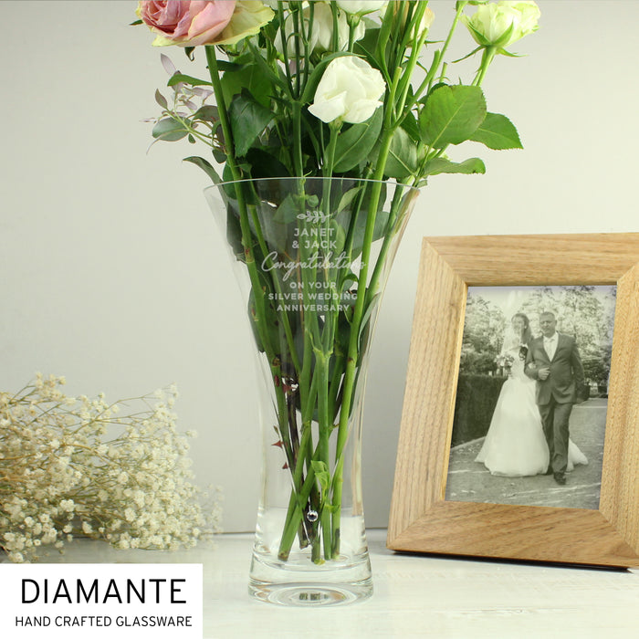 Personalised 25th Silver Anniversary Hand Cut Diamante Heart Vase