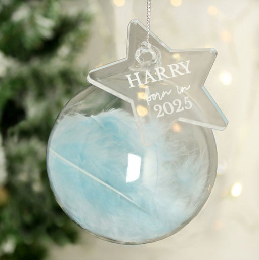 Personalised Born In 2025 Blue Feather Glass Christmas Bauble