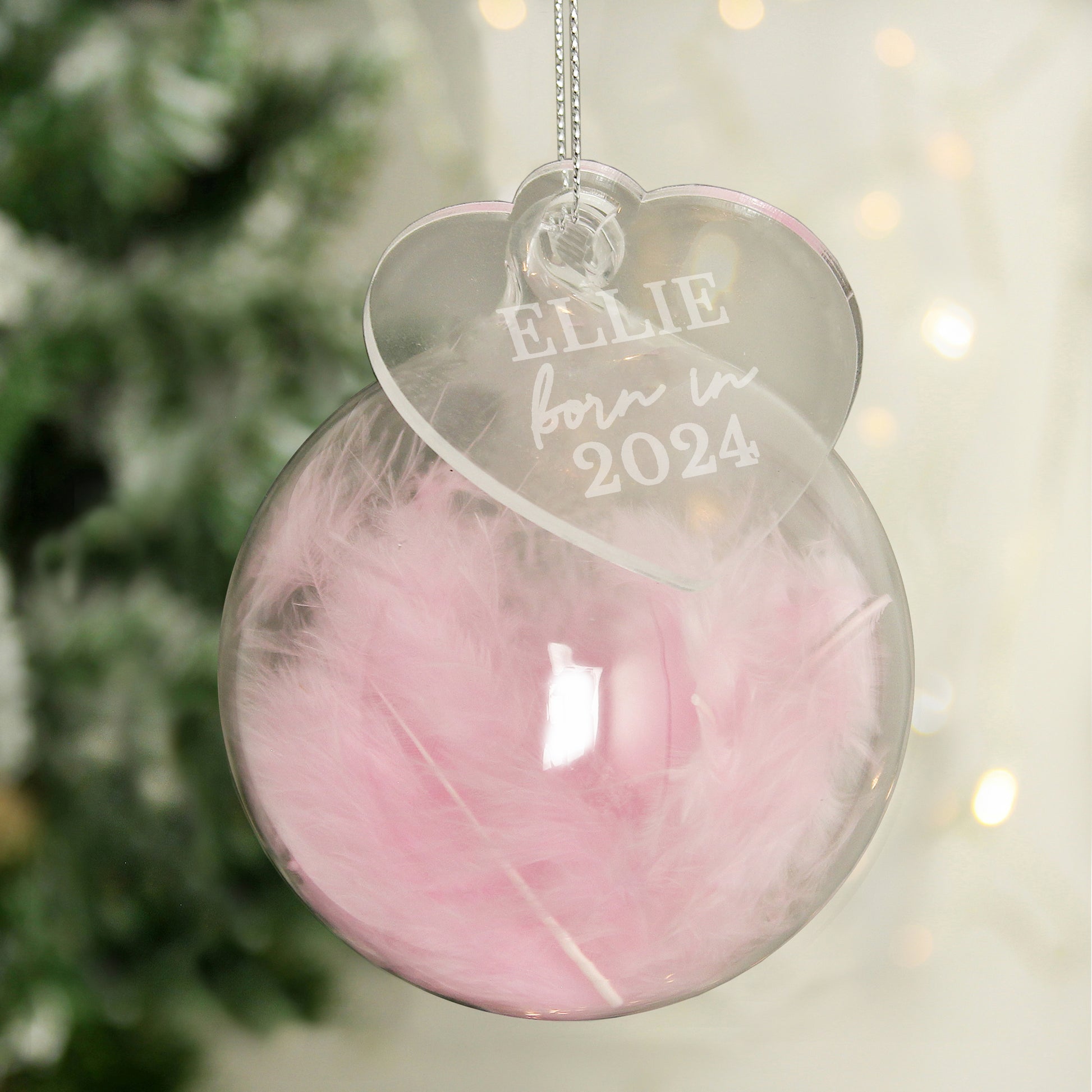 Personalised Born In 2024 Pink Feather Glass Christmas Bauble