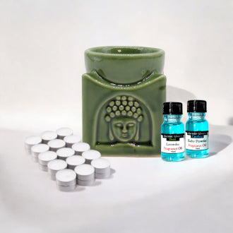 Buddha Oil Burner, Fragrance Oils & Tealights Gift Set