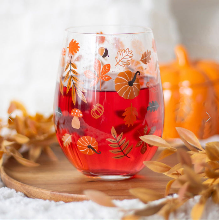 Autumn Leaves and Pumpkins Stemless Wine Glass