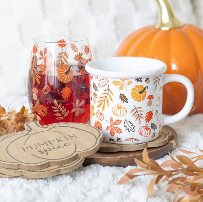 Autumn Leaves and Pumpkins Stemless Wine Glass