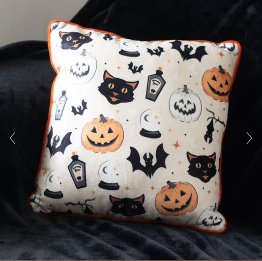 Halloween Square Spooky Cat and Pumpkin Print Cushion 