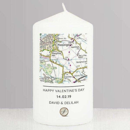 Personalised Present Day Map Compass Pillar Candle - Myhappymoments.co.uk