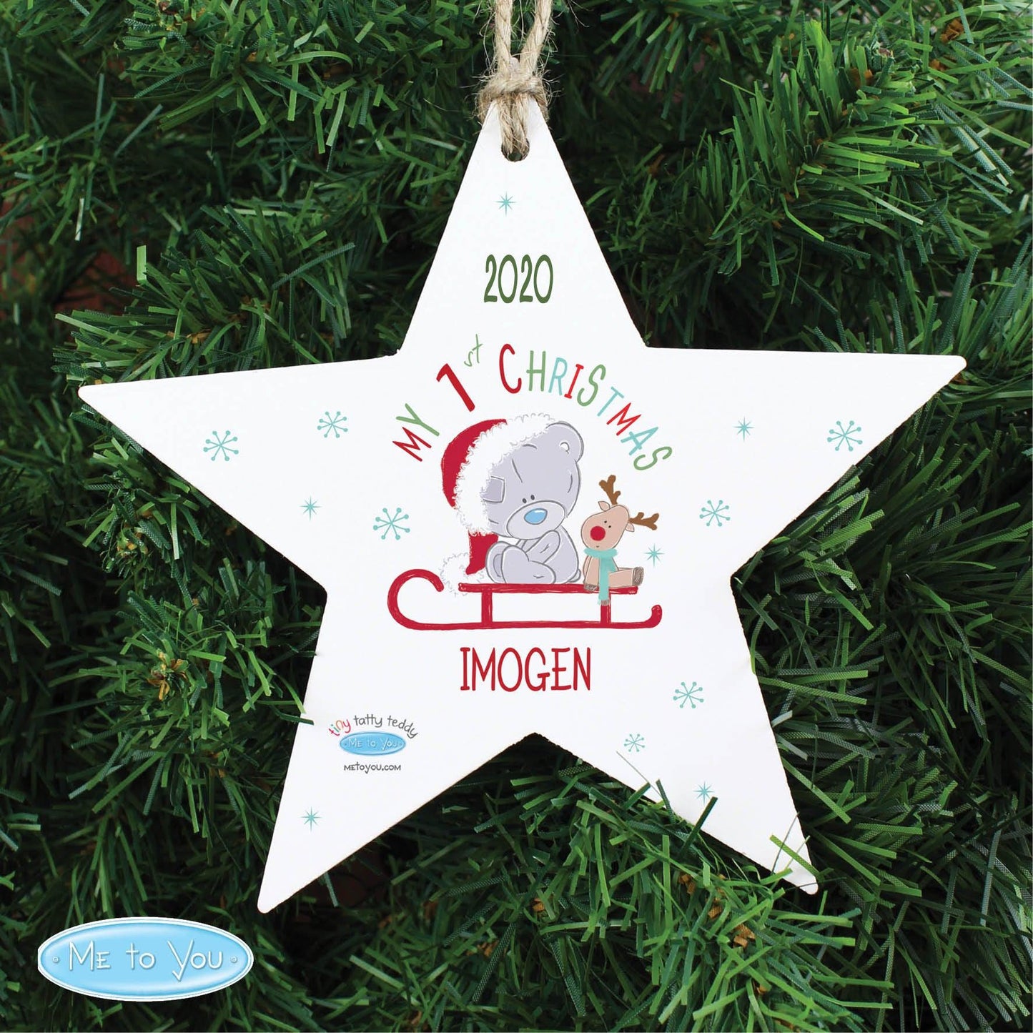 Personalised Tiny Tatty Teddy My 1st Christmas Sleigh Wooden Star Decoration