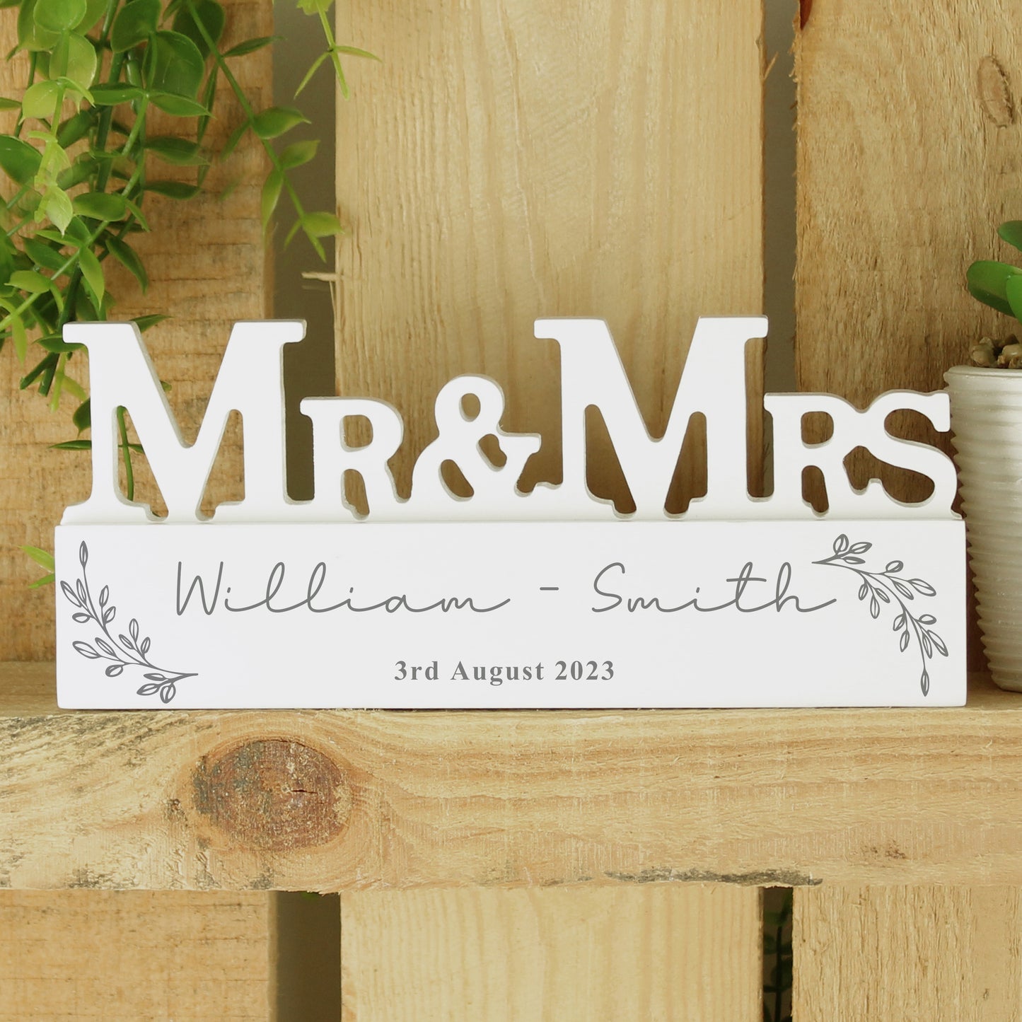 Personalised Leaf Wooden Mr & Mrs Wedding Ornament