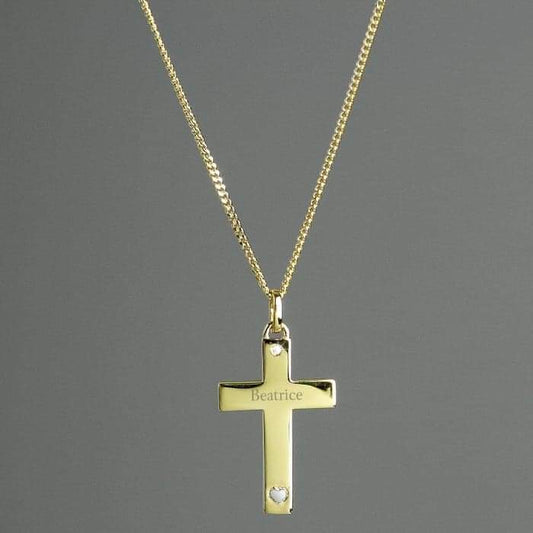 Personalised 9ct Gold Cross with Sterling Silver Heart & CZ Necklace - Myhappymoments.co.uk