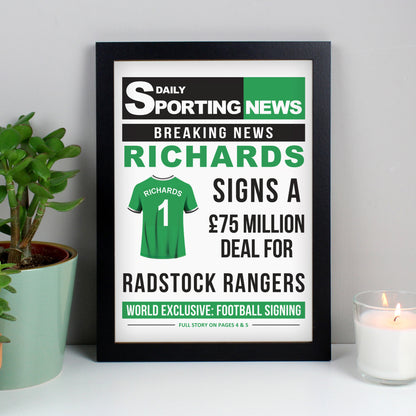 Personalised Football Signing Newspaper A4 Black Framed Print