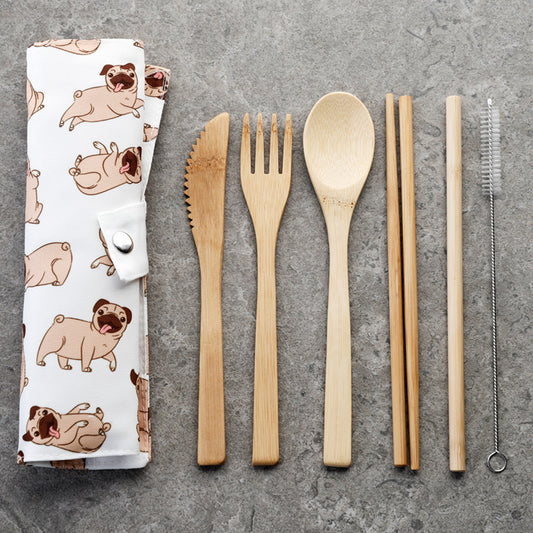 Mopps Pug 100% Natural Bamboo Cutlery 6 Piece Set in Canvas Holder