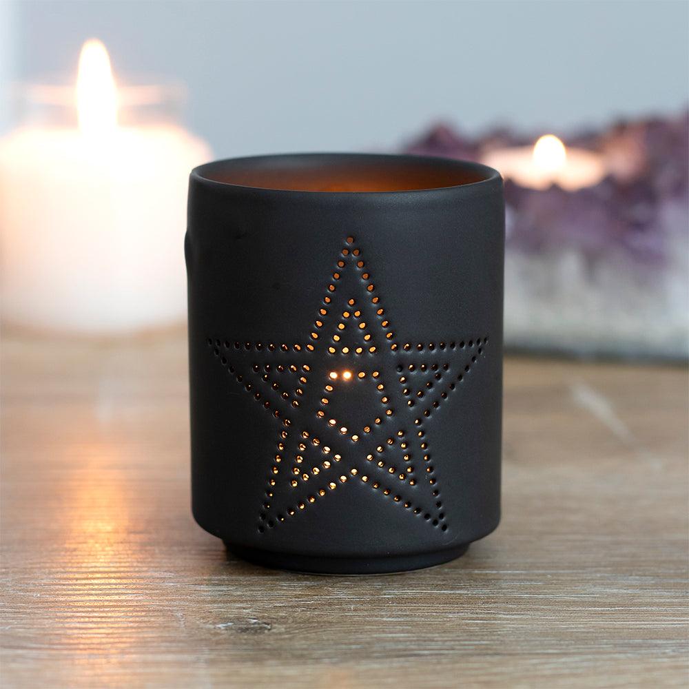 Small Black Pentagram Cut Out Tea Light Holder