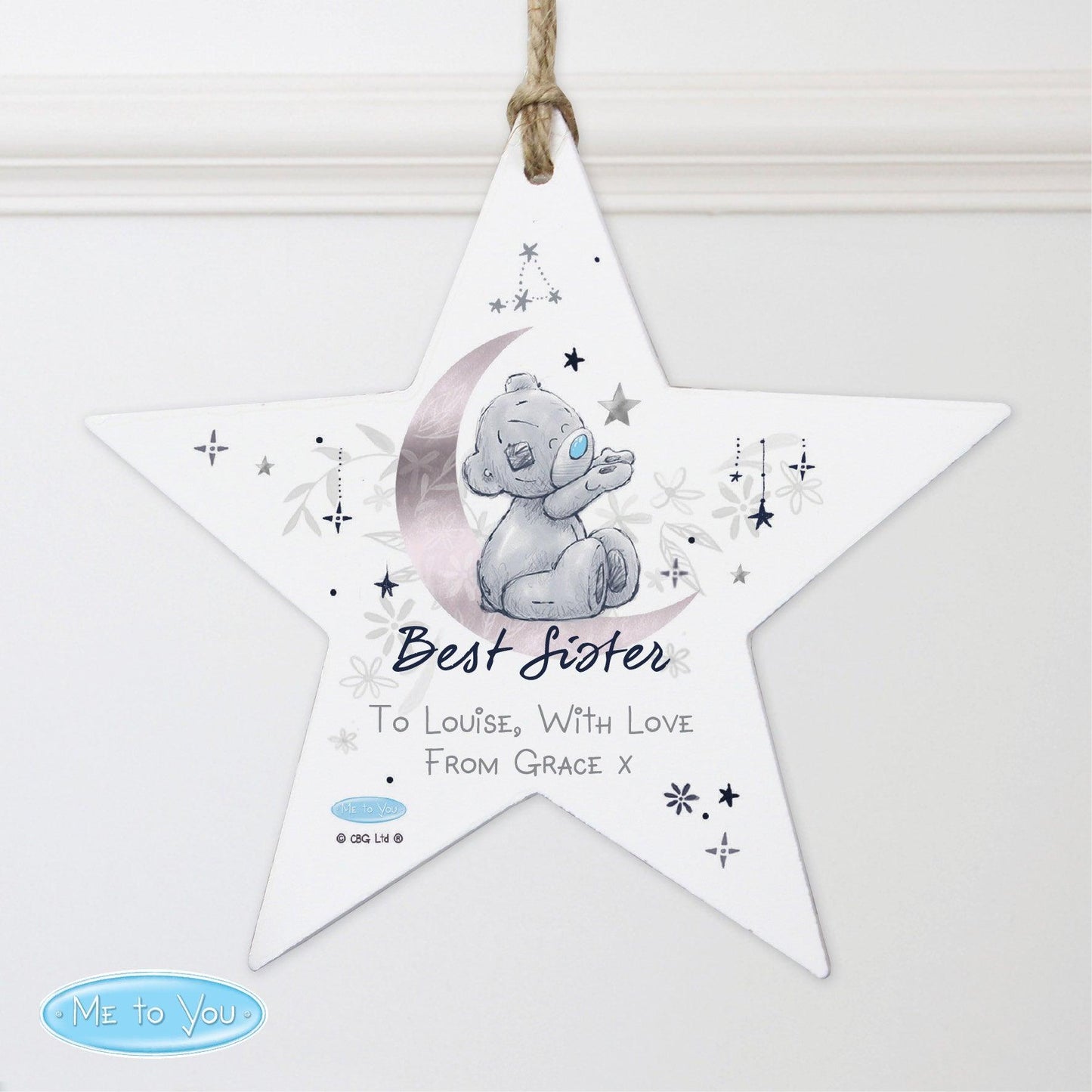 Personalised Moon & Stars Me To You Wooden Star Decoration