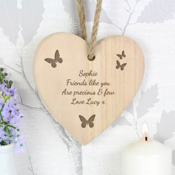 Personalised Butterfly Chunky Wooden Heart Decoration - Myhappymoments.co.uk