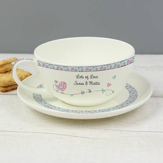 Personalised Floral Birds Teacup & Saucer