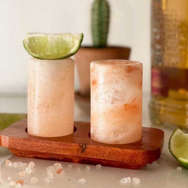 Set of 2 Himalayan Salt Shot Glasses & Wood Serving Stand