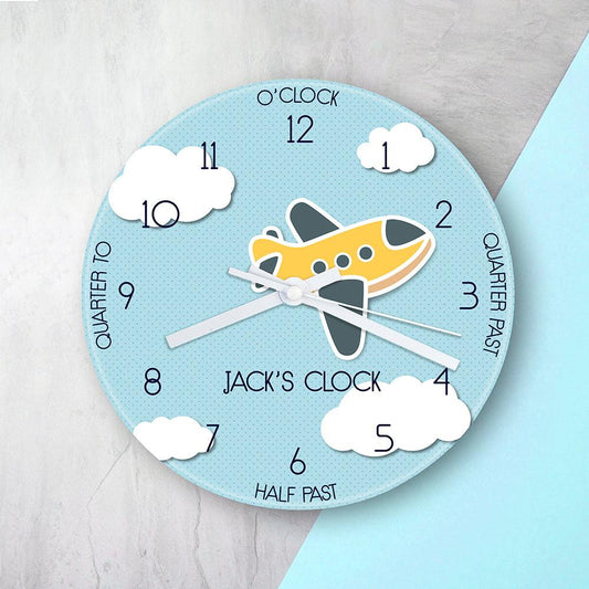 Personalised Kids Aeroplane Glass Clock