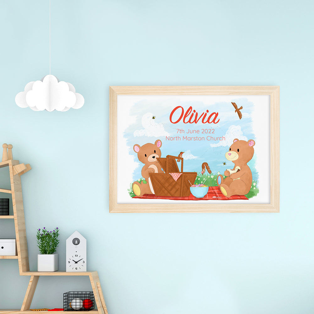 Personalised Teddy Bear Picnic Natural Framed Print