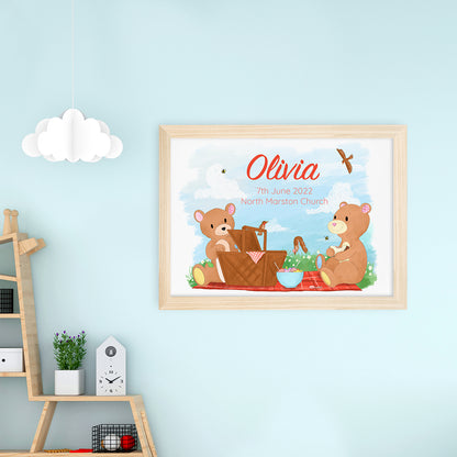 Personalised Teddy Bear Picnic Natural Framed Print