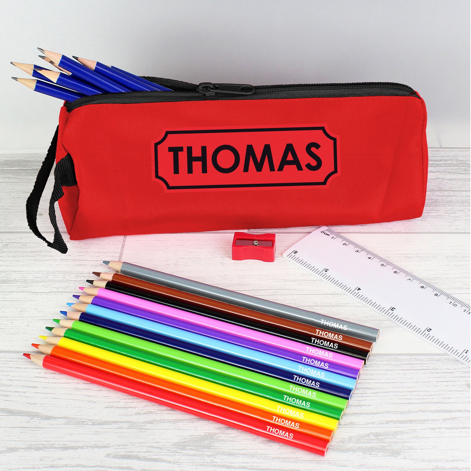 Personalised Red Pencil Case with Pencils & Crayons