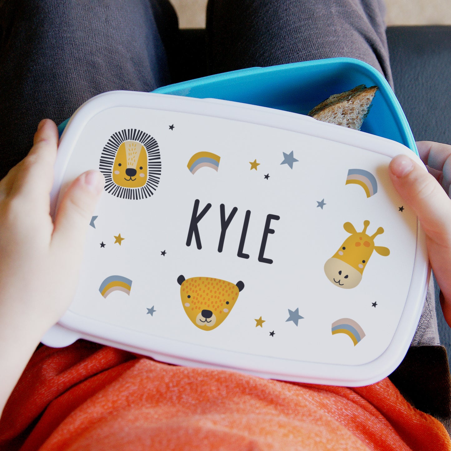 Personalised Safari Animals Blue Lunch Box