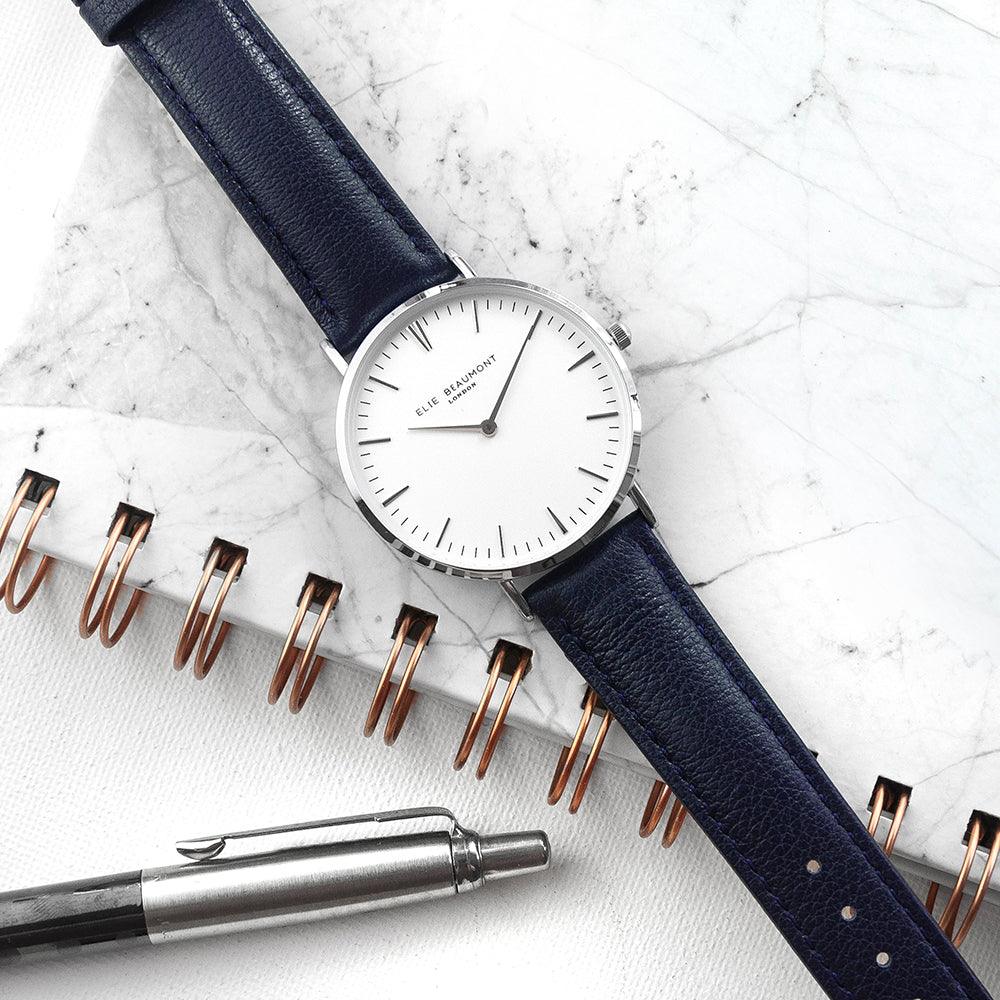 Elie Beaumont Ladies Personalised Leather Watch In Navy & Silver