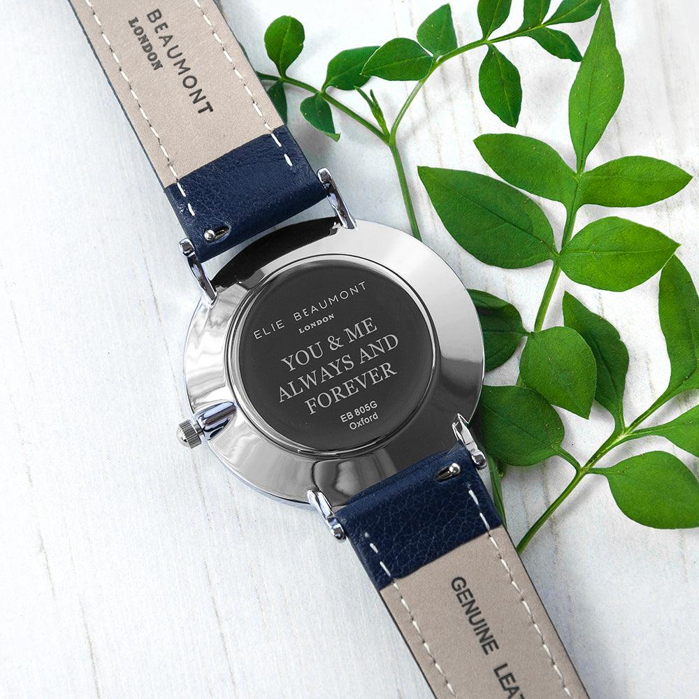 Elie Beaumont Ladies Personalised Leather Watch In Navy & Silver