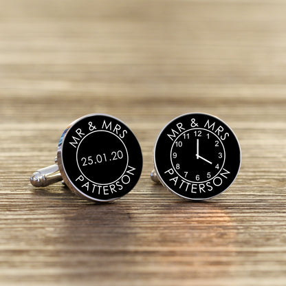 Personalised Mr & Mrs Time Clock Wedding Cufflinks - Myhappymoments.co.uk