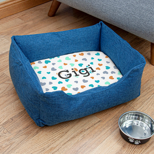 Personalised Blue Comfort Dog Bed with Hearts Design