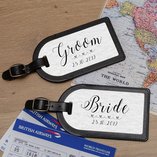 Personalised Bride And Groom Wedding Premium Faux Leather Luggage Tags - Myhappymoments.co.uk