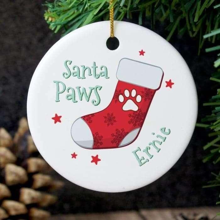 Personalised Santa Paws Round Ceramic Decoration - Myhappymoments.co.uk