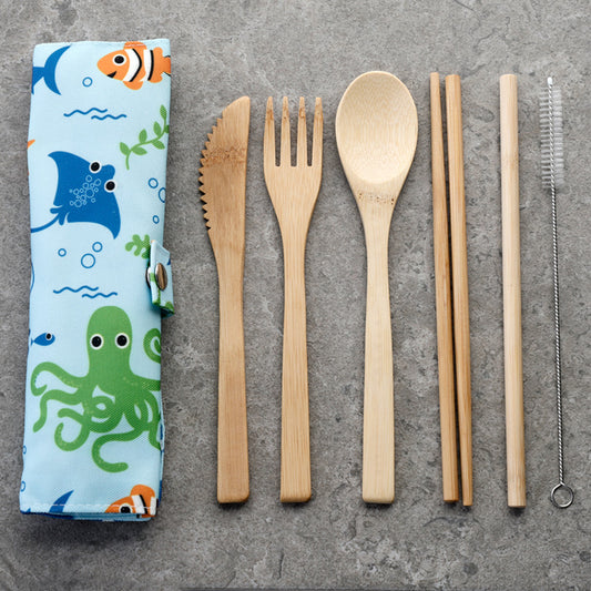 Sealife 100% Natural Bamboo Cutlery 6 Piece Set in Canvas Holder