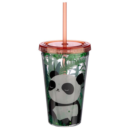 Panda Design Glitter Double Walled Cup with Lid and Straw