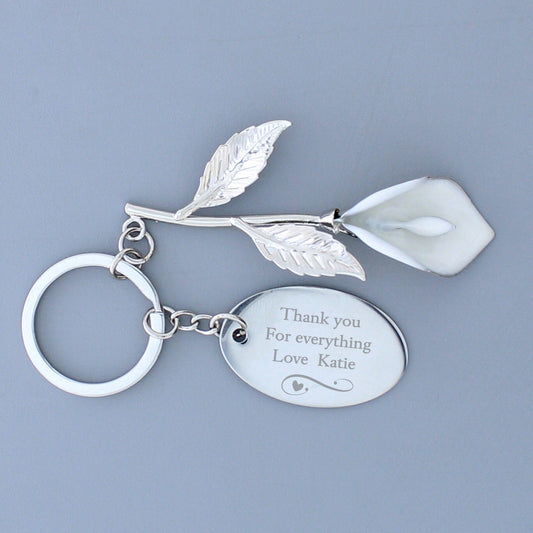 Personalised Swirls & Hearts Silver Plated Calla Lily Keyring