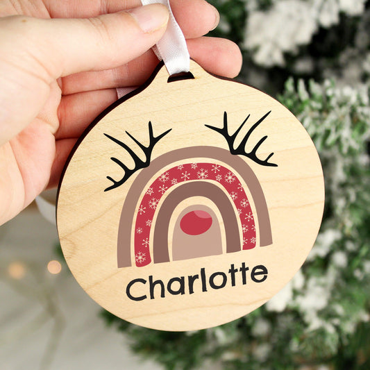 Personalised Rainbow Reindeer Round Wooden Bauble Decoration