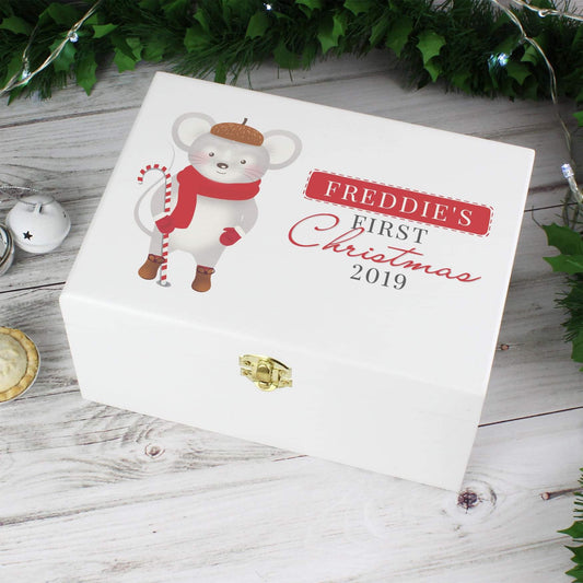 Personalised Baby’s 1st Christmas Mouse White Wooden Keepsake Box