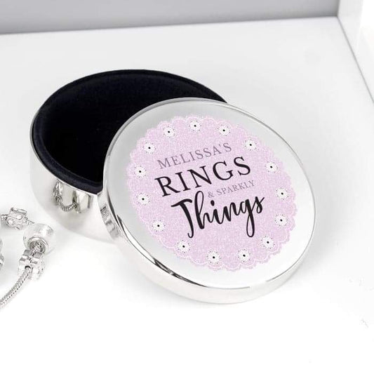 Personalised Lilac Lace 'Rings & Sparkly Things' Round Trinket Box - Myhappymoments.co.uk