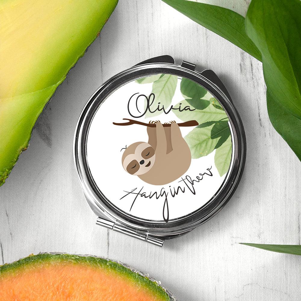 Personalised Sloth Hang In There Round Compact Mirror