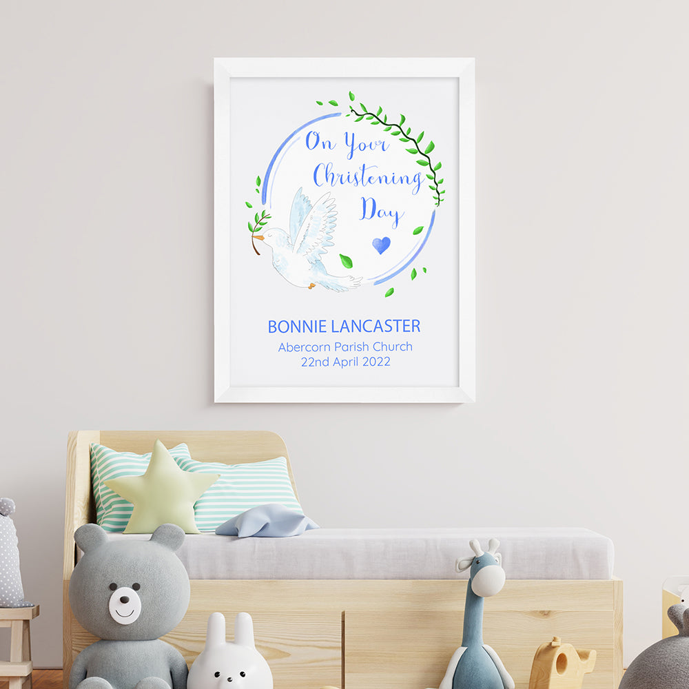 Personalised On Your Christening Day Dove White Framed Print