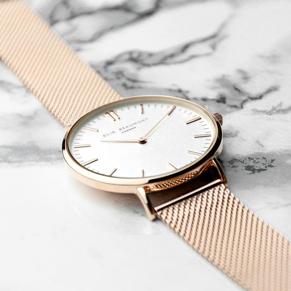 Elie Beaumont Personalised Ladies Rose Gold Mesh Strapped Watch With White Dial