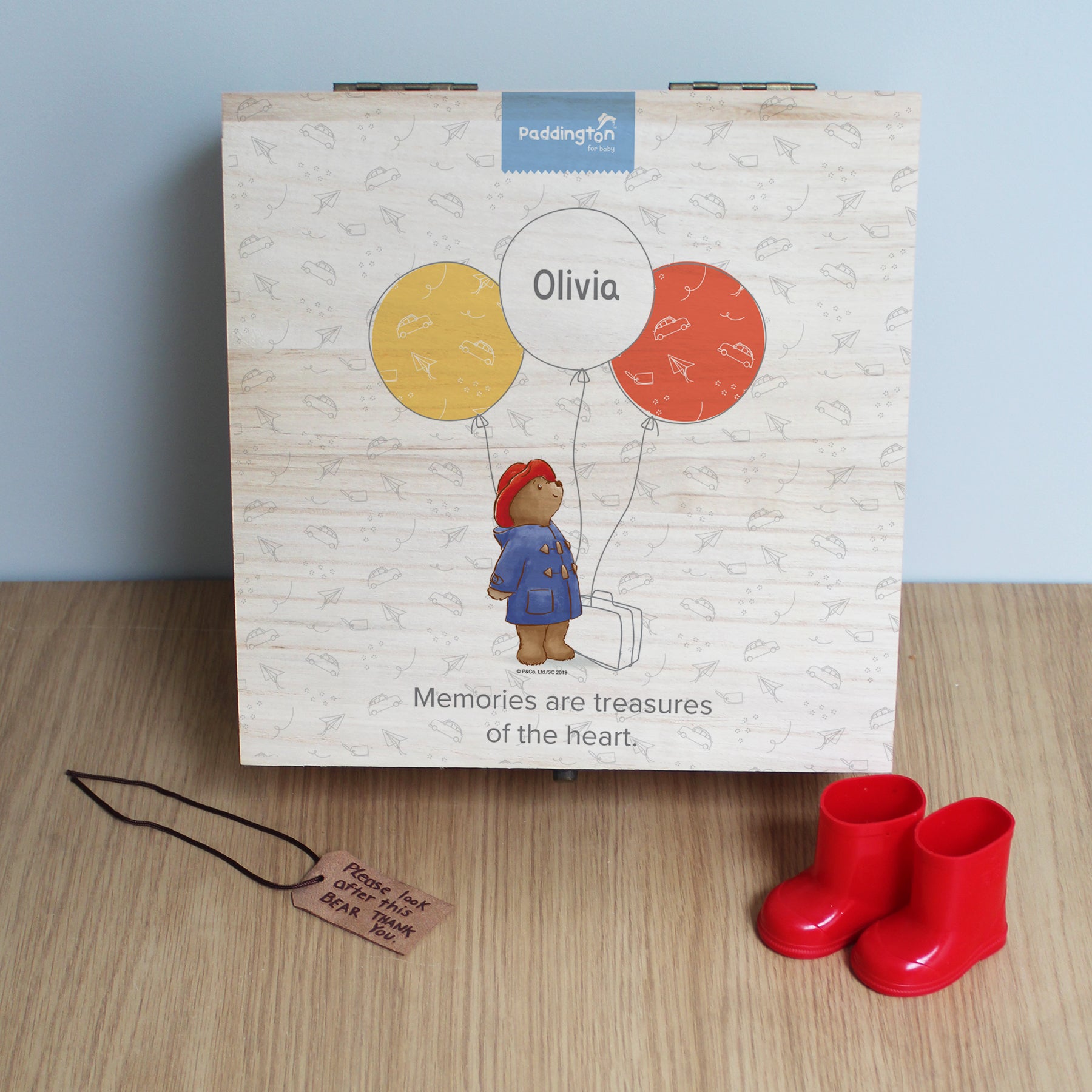 Personalised Paddington Bear Balloon Hinged Memory box