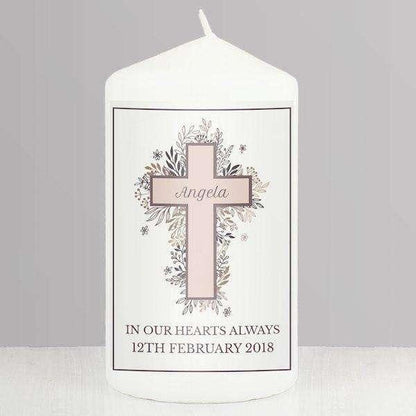 Personalised Floral Cross Pillar Candle - Myhappymoments.co.uk