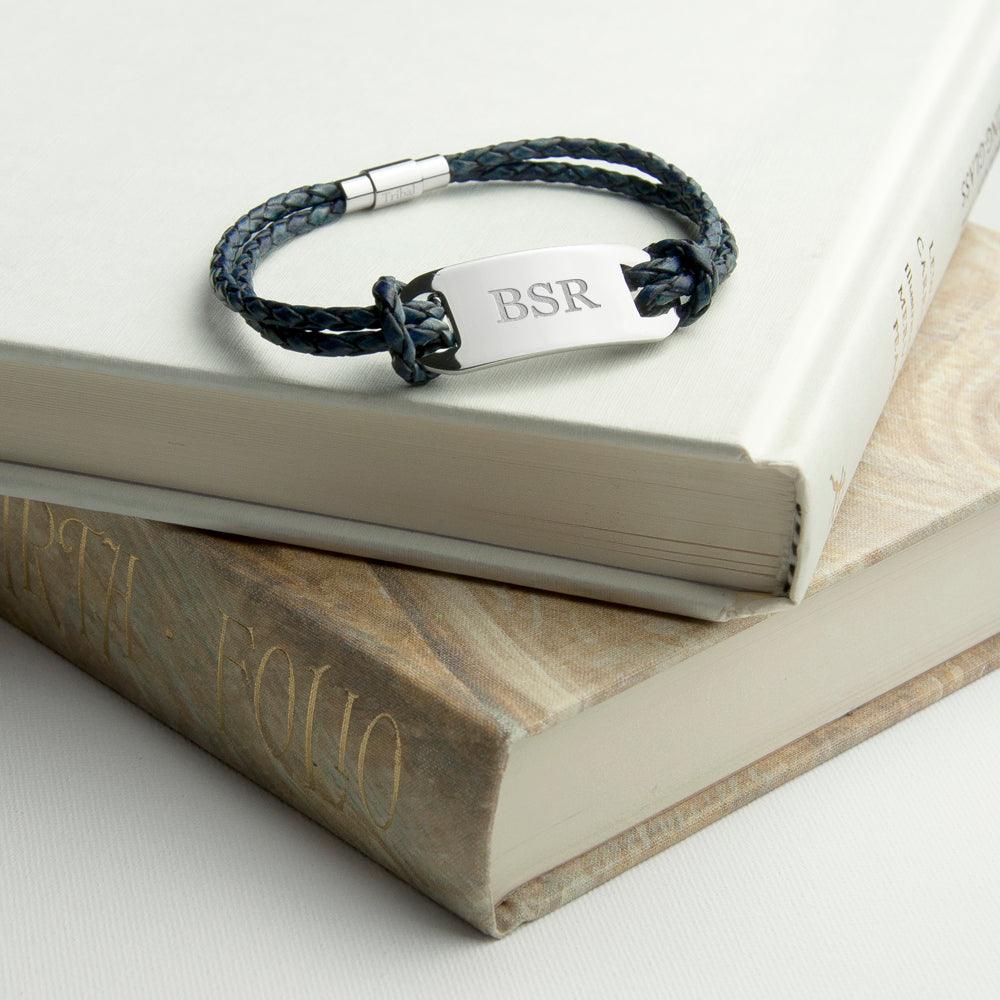 Personalised Men's Statement Leather Bracelet In Navy