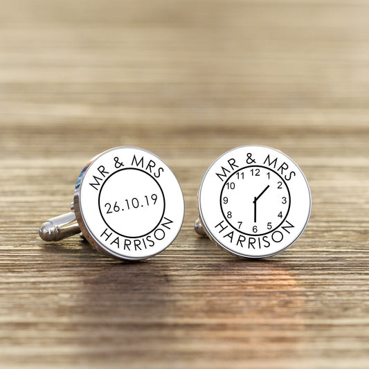 Personalised Mr & Mrs Time Clock Wedding Cufflinks - Myhappymoments.co.uk