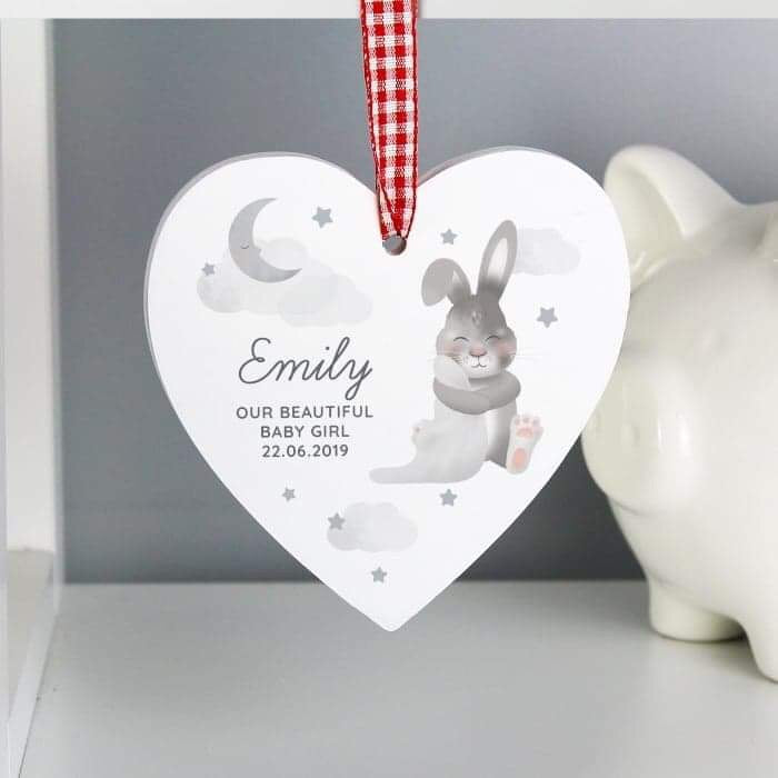 Personalised Baby Bunny Wooden Heart Decoration - Myhappymoments.co.uk