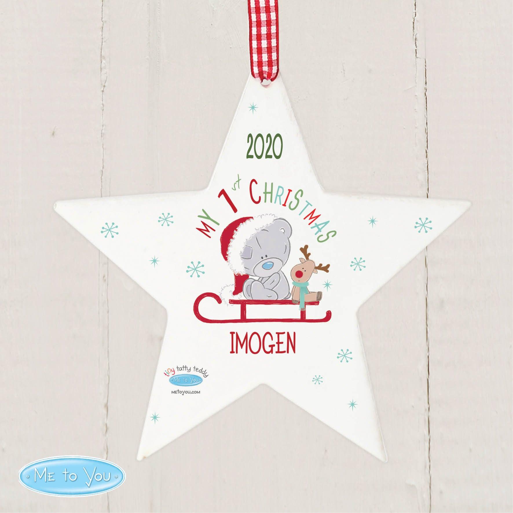 Personalised Tiny Tatty Teddy My 1st Christmas Sleigh Wooden Star Decoration