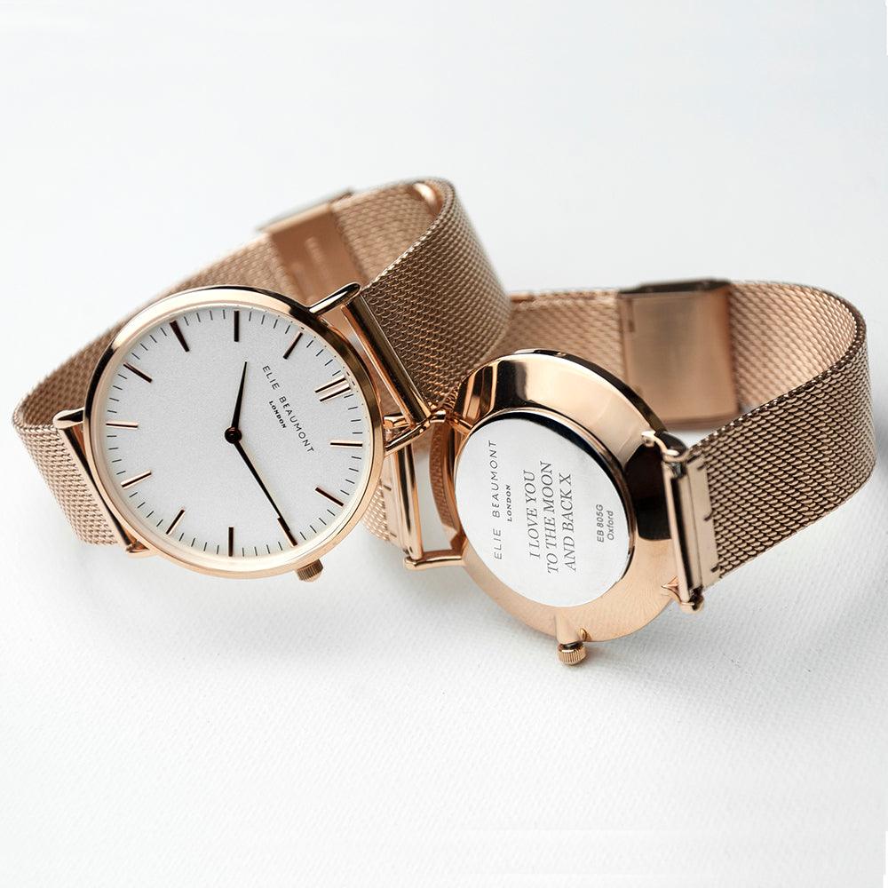 Elie Beaumont Personalised Ladies Rose Gold Mesh Strapped Watch With White Dial