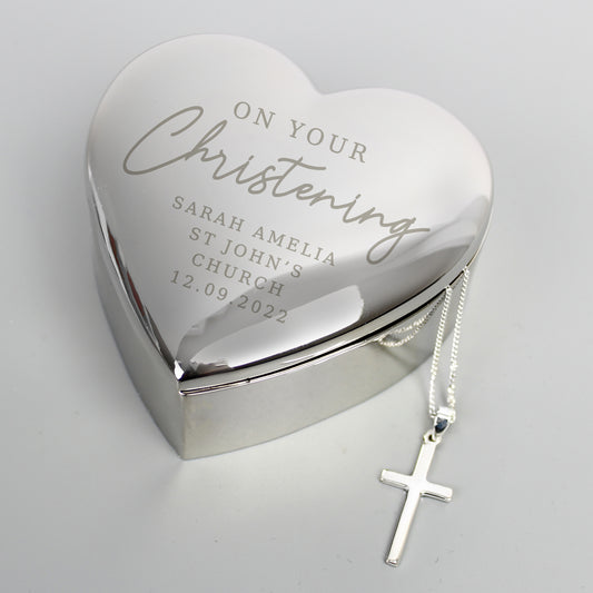 Personalised Christening Heart Trinket Box & Cross Necklace Set